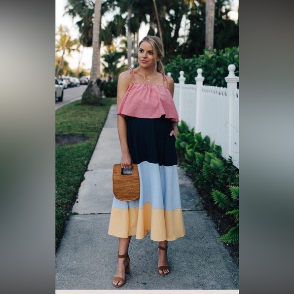 English Factory Color-blocked Tiered Midi Dress L - Picture 6 of 6